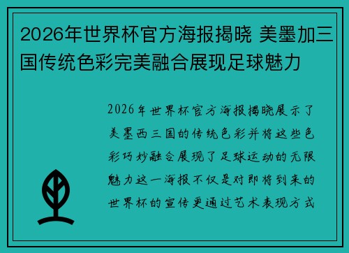 2026年世界杯官方海报揭晓 美墨加三国传统色彩完美融合展现足球魅力 2026年世界杯官方海报揭晓 美墨加三国传统色彩完美融合展现足球魅力