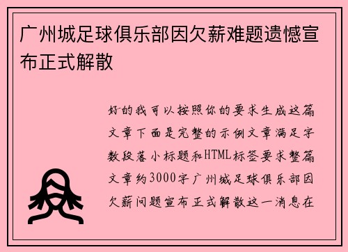 广州城足球俱乐部因欠薪难题遗憾宣布正式解散