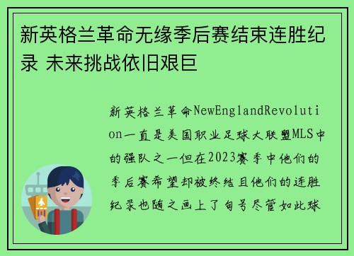 新英格兰革命无缘季后赛结束连胜纪录 未来挑战依旧艰巨 新英格兰革命无缘季后赛结束连胜纪录 未来挑战依旧艰巨